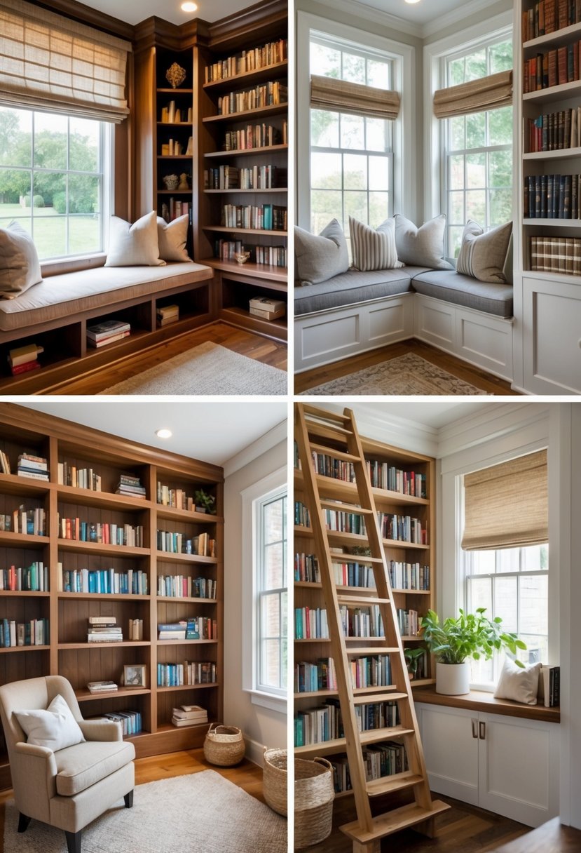 Five small home library setups in cozy rooms with bookshelves, seating areas, and natural light.