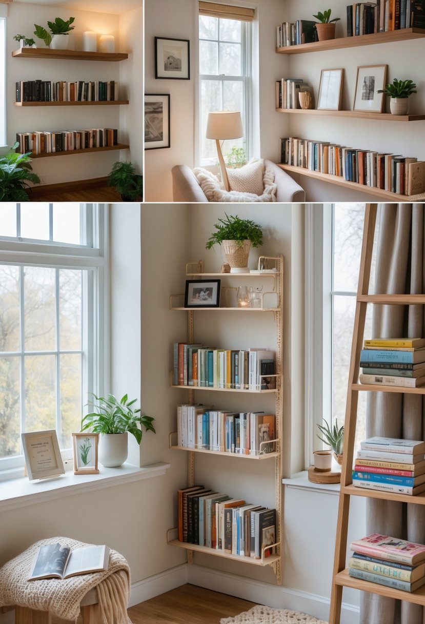 A bright room with five different small home library setups, including bookshelves, cozy chairs, plants, and decorative items.