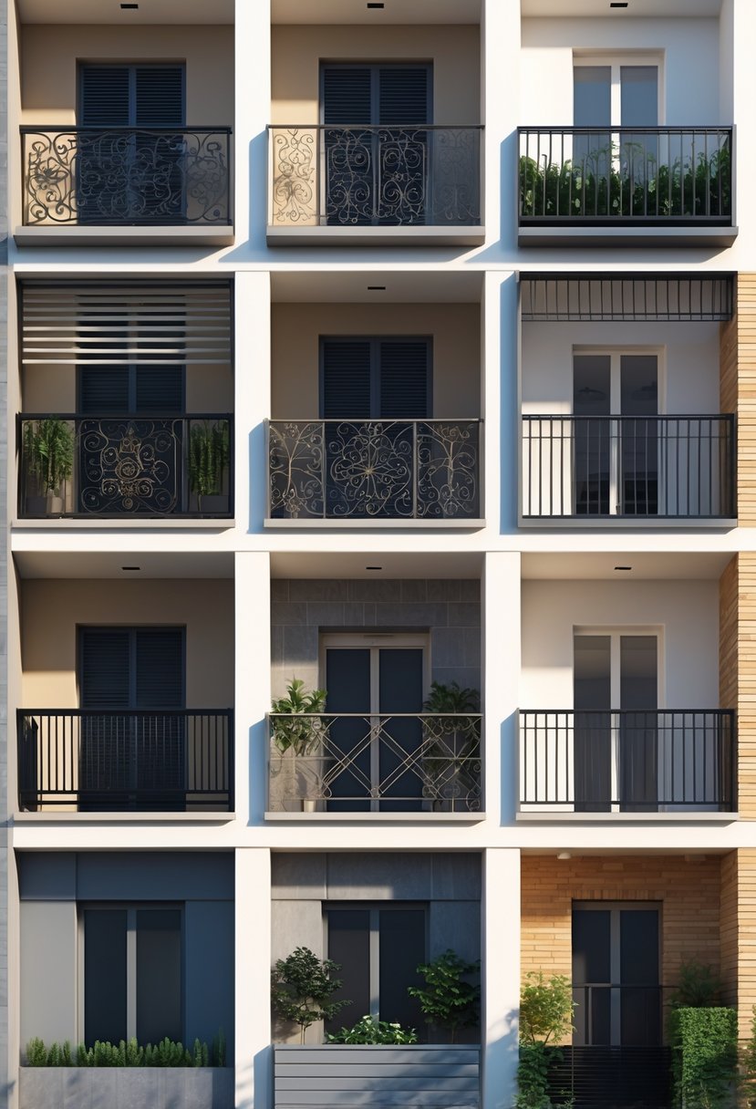 Ten different balcony grills with various designs attached to building facades in an outdoor setting.