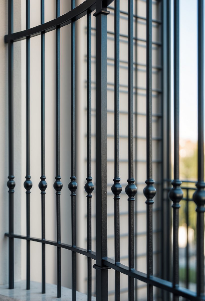 A close-up view of a classic iron balcony grill with ten vertical bars and a sturdy frame.