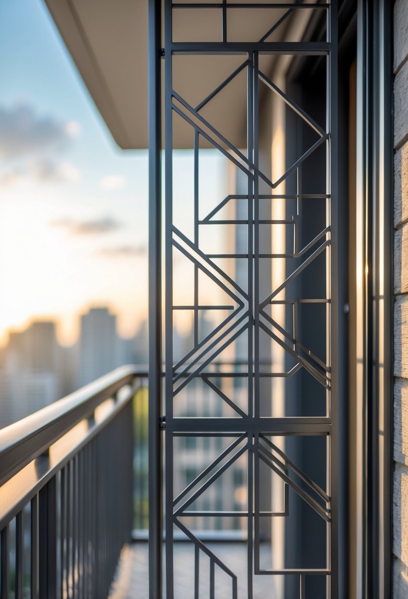 A modern steel balcony grill with geometric patterns installed on a balcony railing overlooking a cityscape.