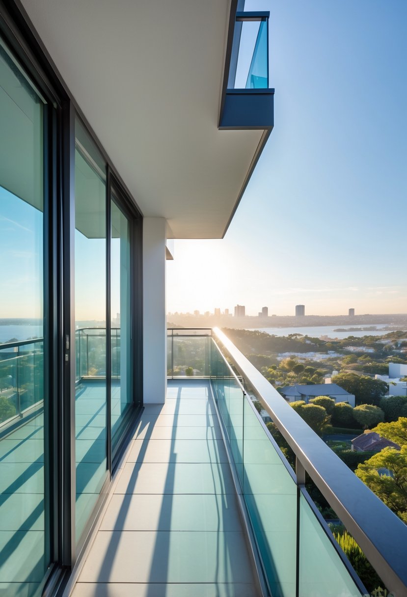 A modern balcony with clear glass panel railing offering an unobstructed view of a cityscape or natural landscape.