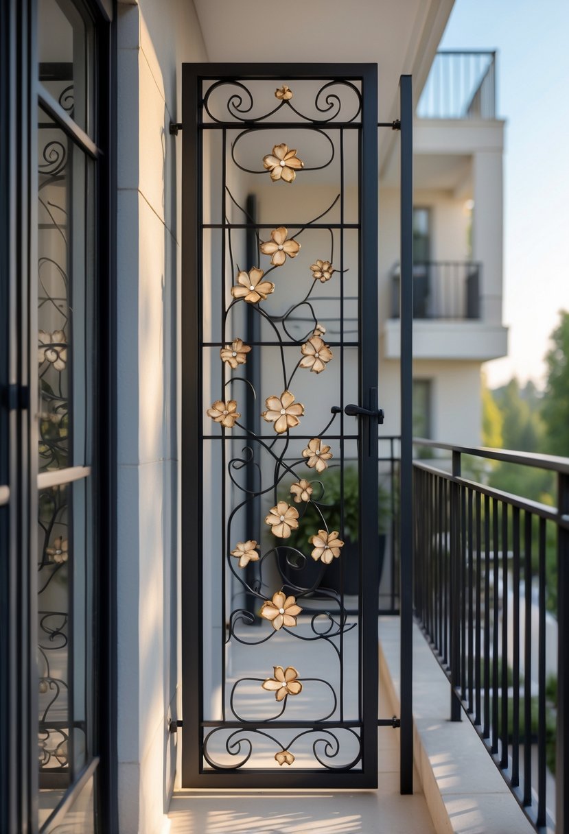 A balcony with an iron grill featuring decorative flower patterns.