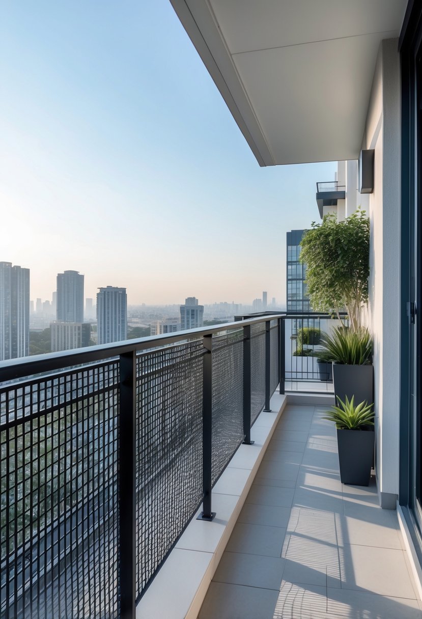A balcony with a secure metal mesh grill installed, showing ten different balcony grill designs for safety on a modern apartment building.