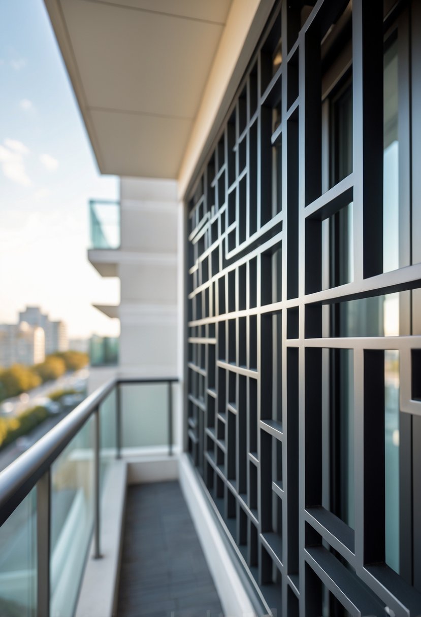 A balcony with a rectangular patterned metal grill overlooking an urban area.