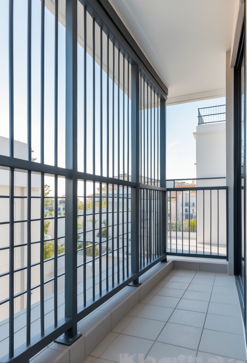 Balcony with a securely installed closed grill featuring closely spaced vertical bars for child safety, overlooking an urban residential area.