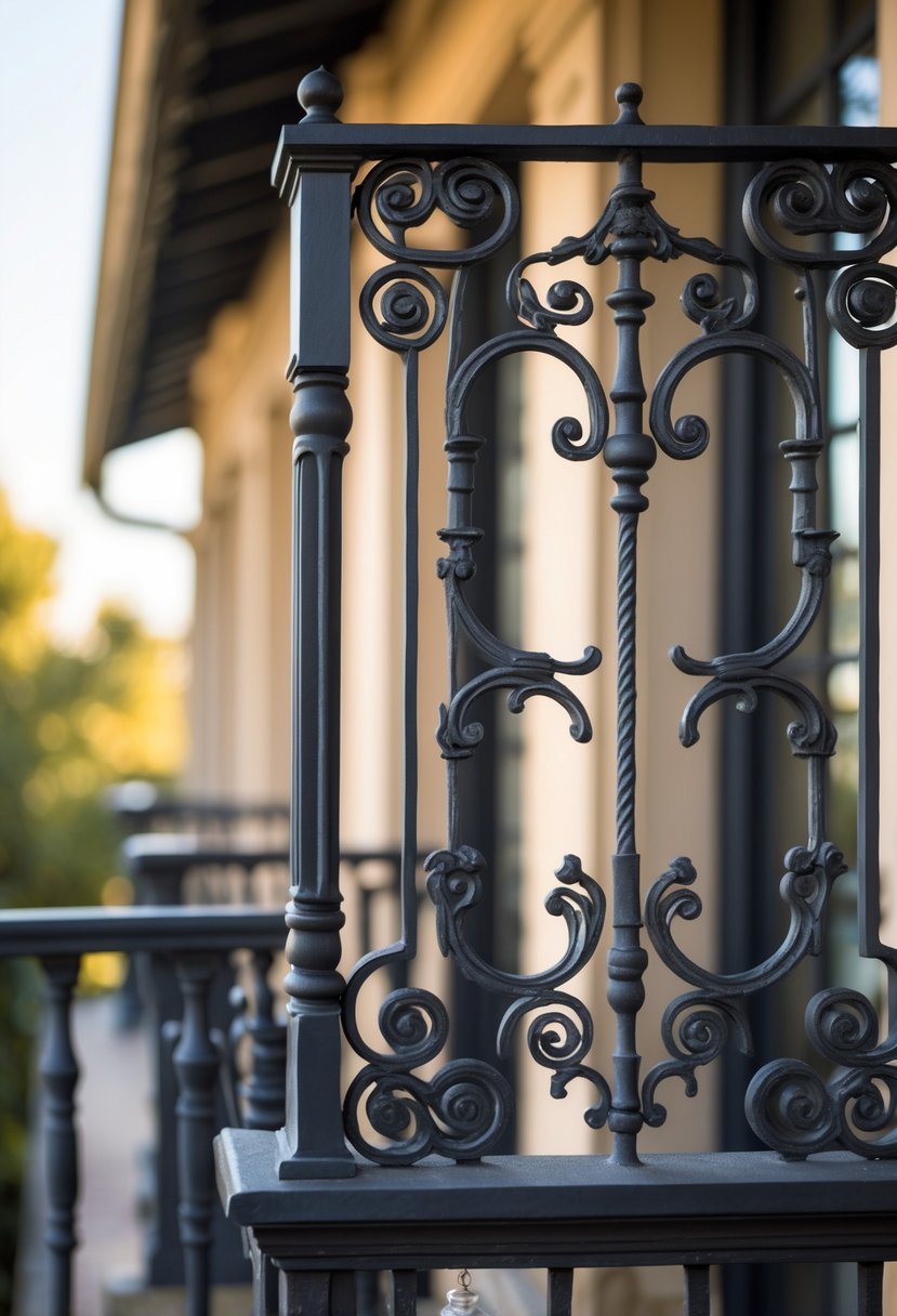 Close-up view of a decorative wrought iron balcony grill with intricate patterns.