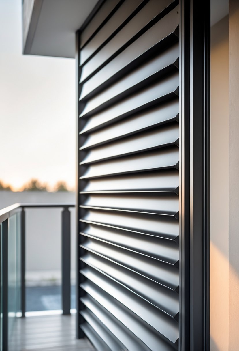 A balcony with a horizontal steel slat grill installed along the railing.