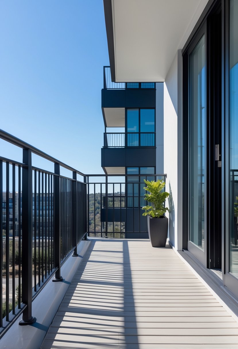 A balcony with a black metal grill railing, wooden floor, and potted plants under a clear blue sky.