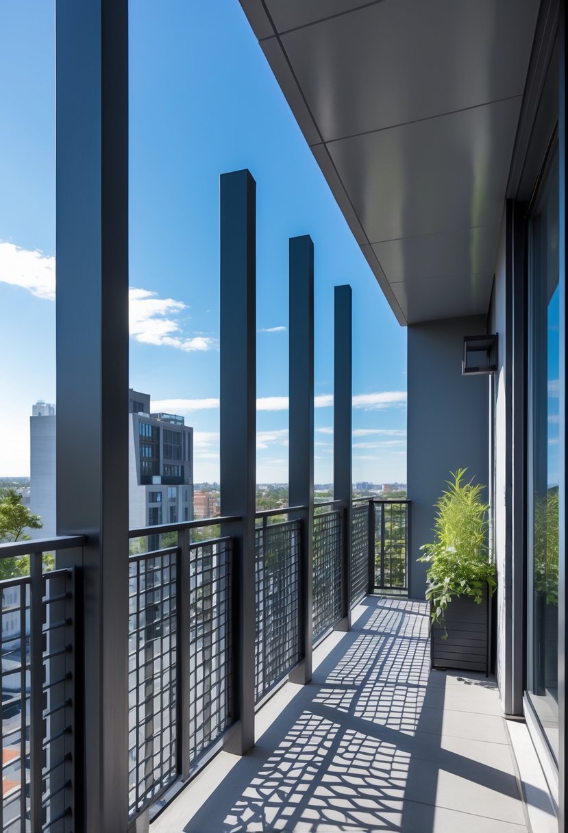 A balcony with a sturdy metal grill featuring geometric patterns, overlooking an urban area with buildings and plants.