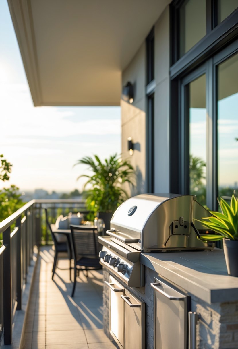 A modern balcony with a stainless steel grill, outdoor furniture, and plants under natural sunlight.