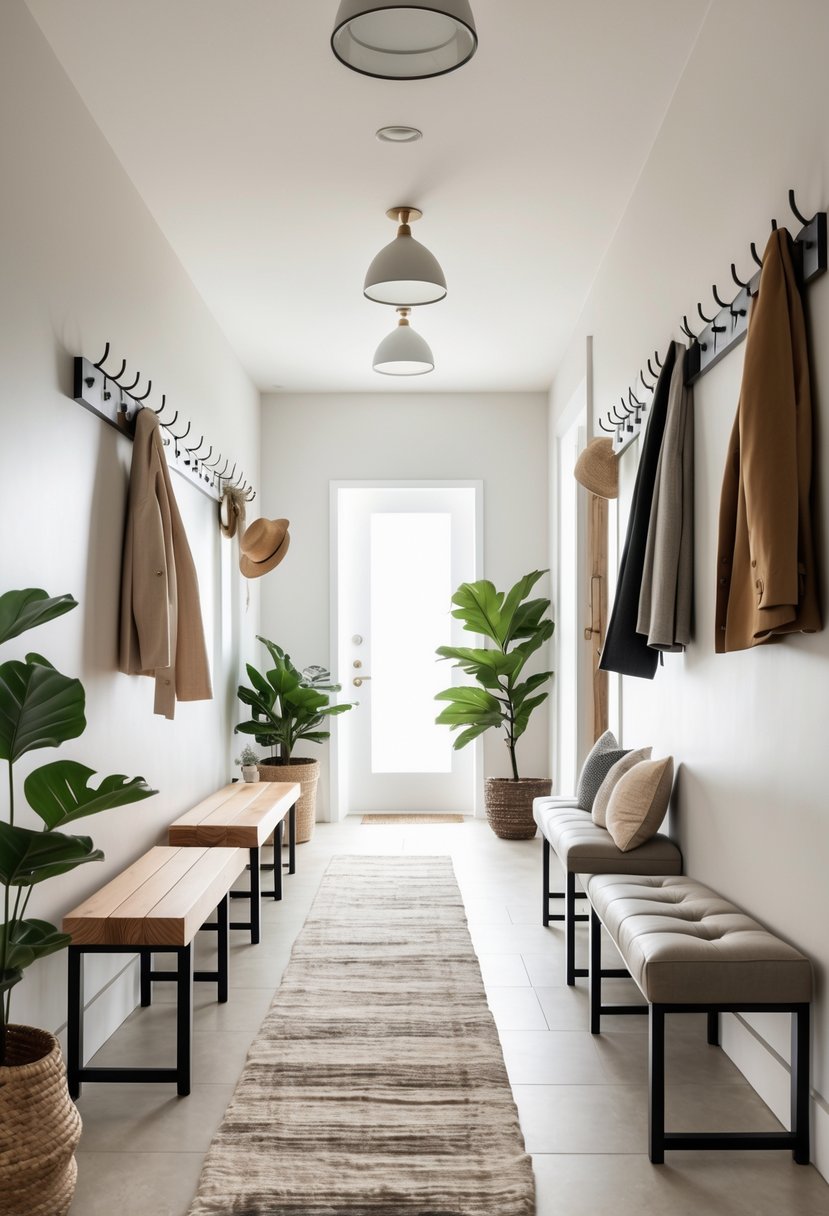 Seven different entryways each with a bench, arranged side by side in a bright indoor space.