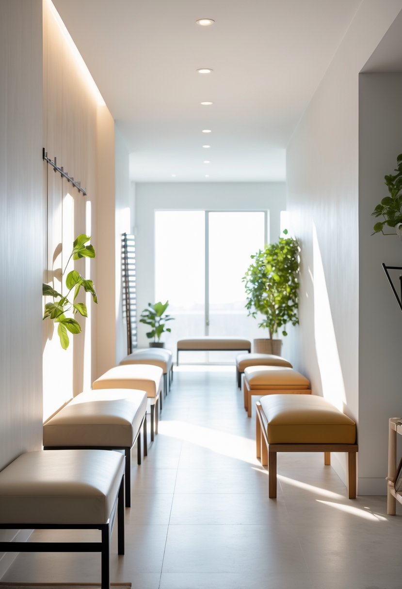 A bright entryway with seven different benches lined up, each with smooth upholstery and simple design.
