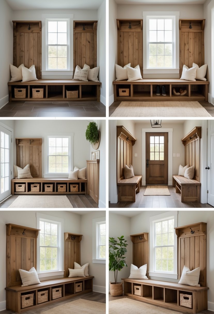 A spacious entryway with seven wooden benches featuring built-in storage compartments underneath.
