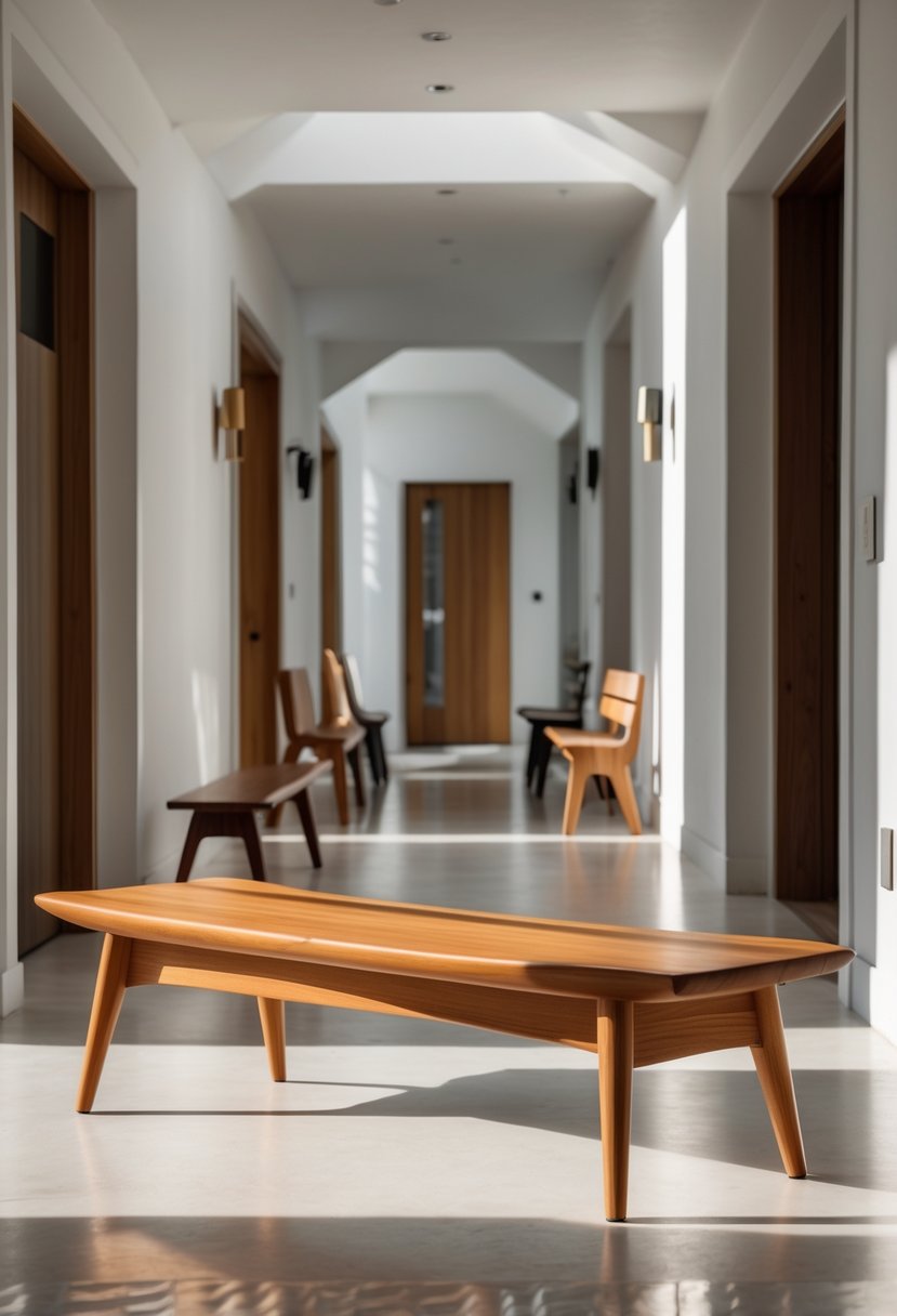 A wooden bench with tapered legs positioned indoors near seven different entryways, each with a unique bench style.