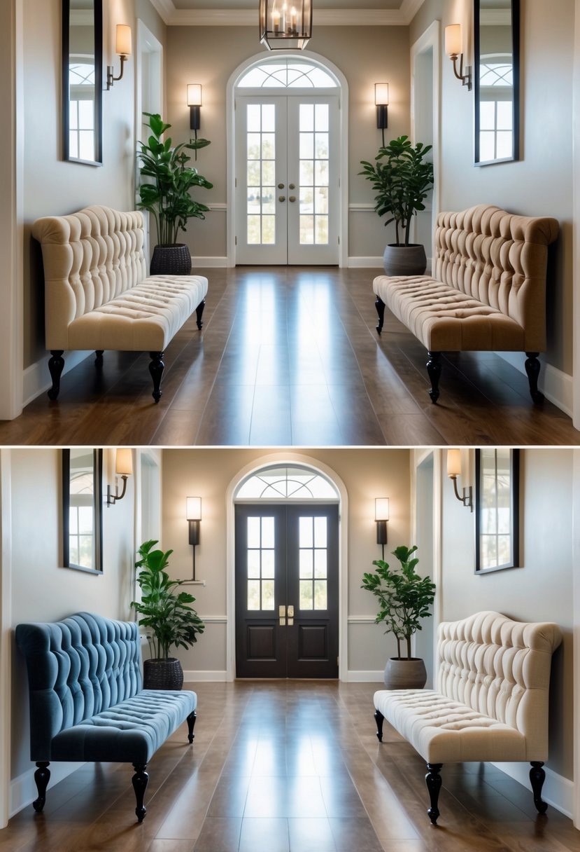 Seven upholstered tufted benches arranged in a bright, spacious entryway with hardwood floors and decorative plants.