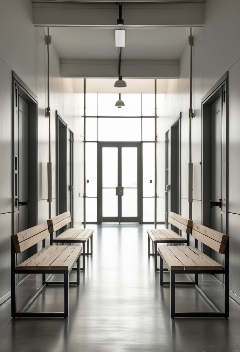 A row of seven metal frame benches with wooden seats placed in an indoor setting.
