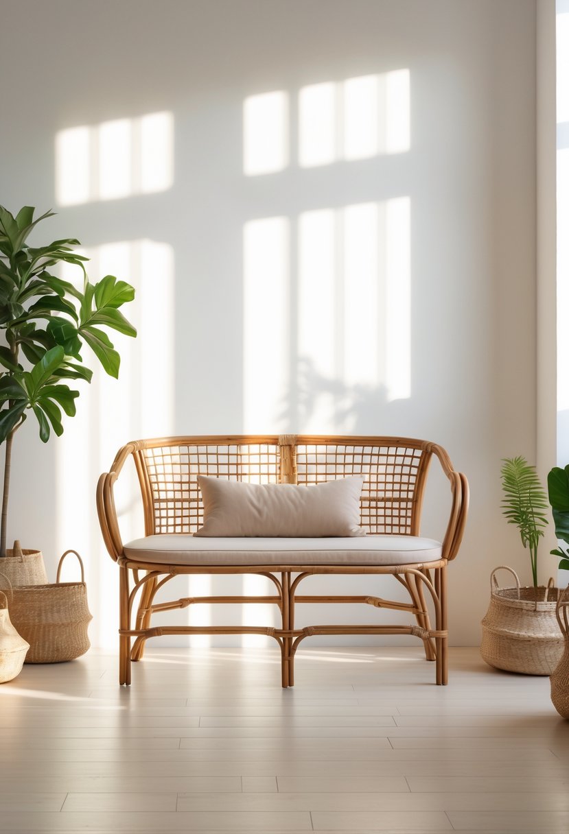 A rattan bench with a cushion in a bright room, surrounded by seven different bench styles arranged neatly.