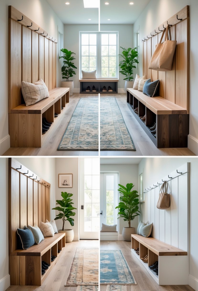 Seven different entryway benches with hidden shoe storage compartments in a bright interior space.