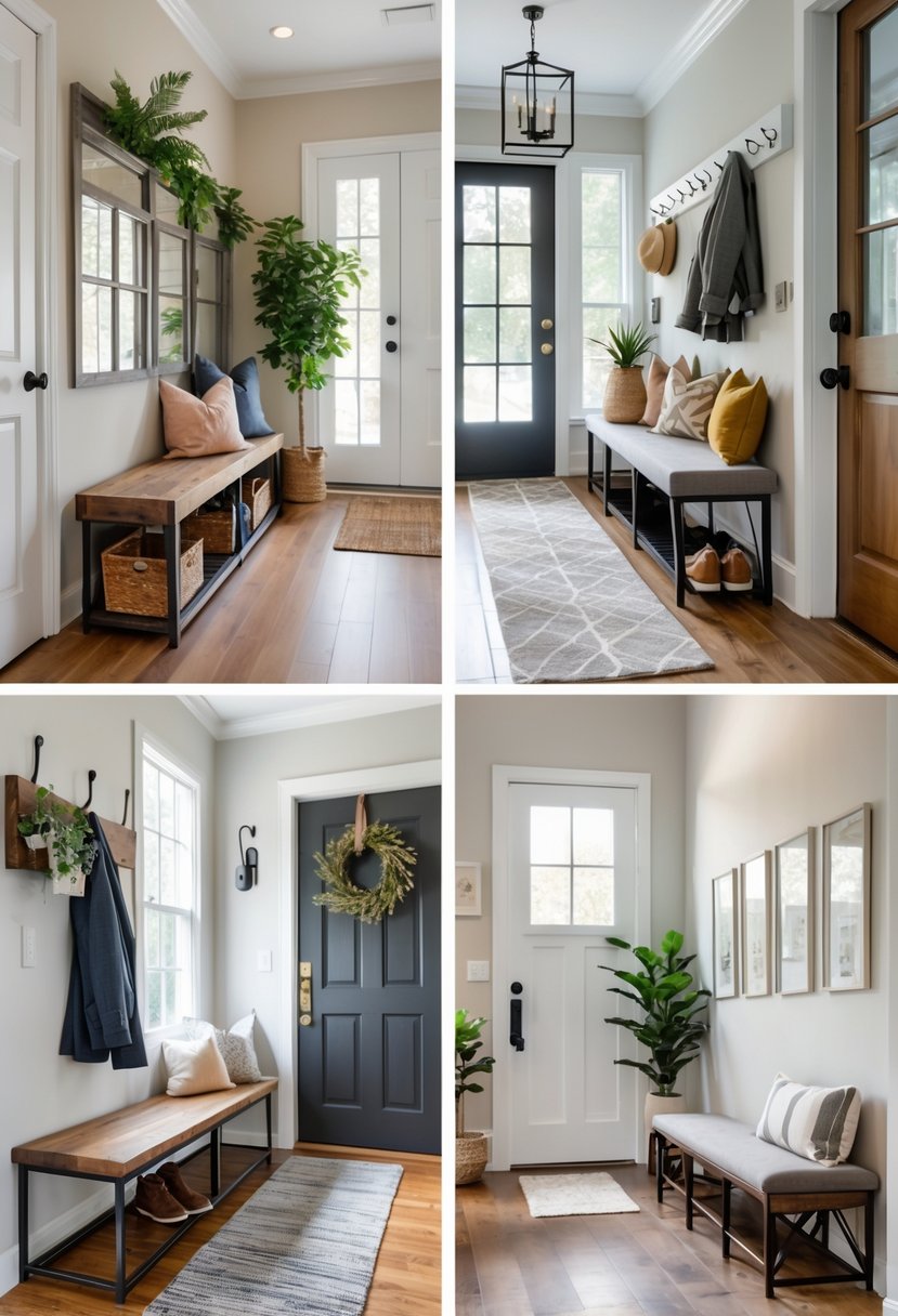 A bright, organized entryway area featuring seven different benches arranged near doors with various decorative and storage elements.