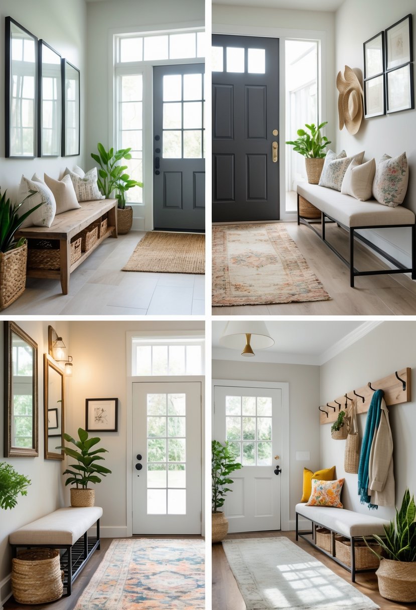 A bright entryway displaying seven different benches arranged to show various seating and storage options with cushions, plants, and decor.