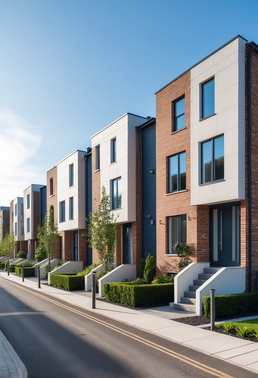 Seven modern terrace houses lined up along a quiet street with small front gardens and clear blue sky.