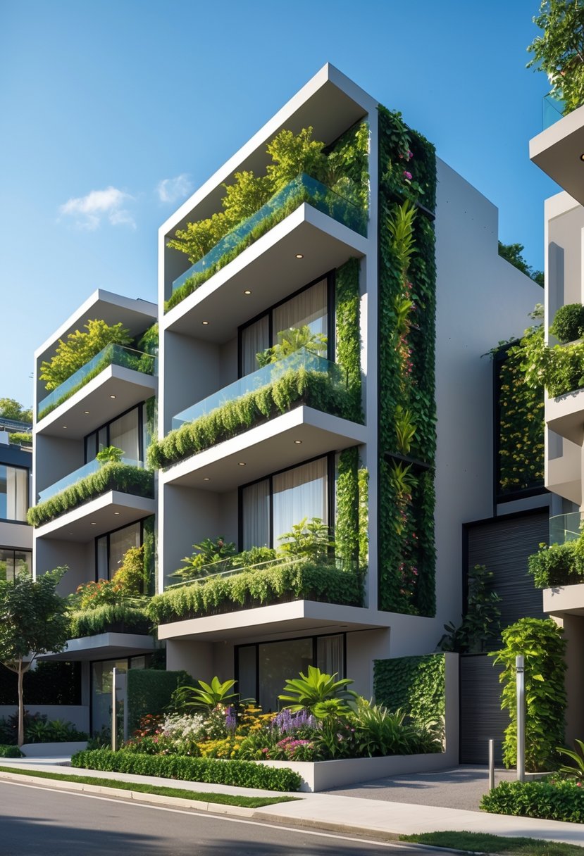 A row of seven modern terrace houses with green vertical gardens covering balconies and walls, under a clear blue sky.