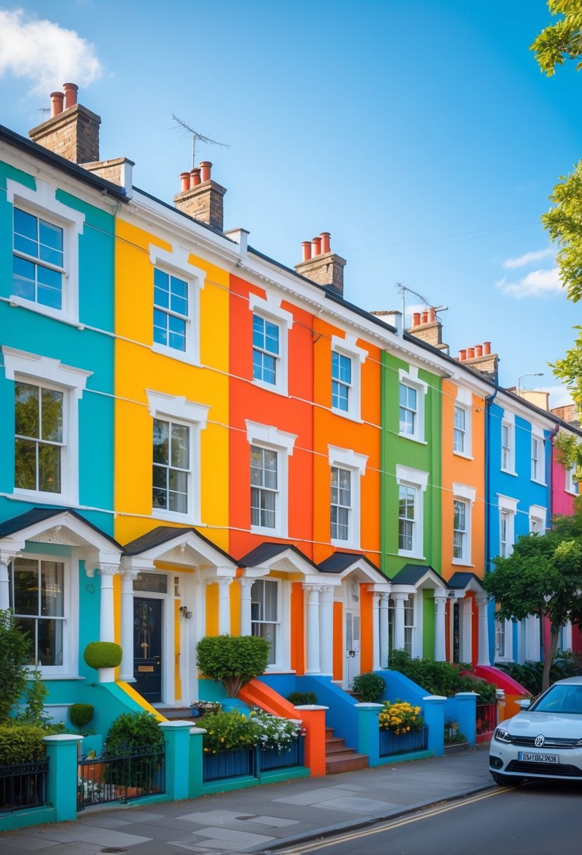 A row of seven colorful terrace houses with small front gardens on a sunny day.