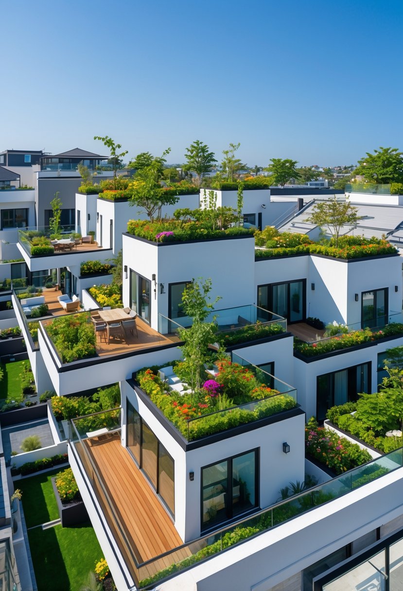 A row of seven modern terrace houses with green rooftop gardens and outdoor seating under a clear blue sky.