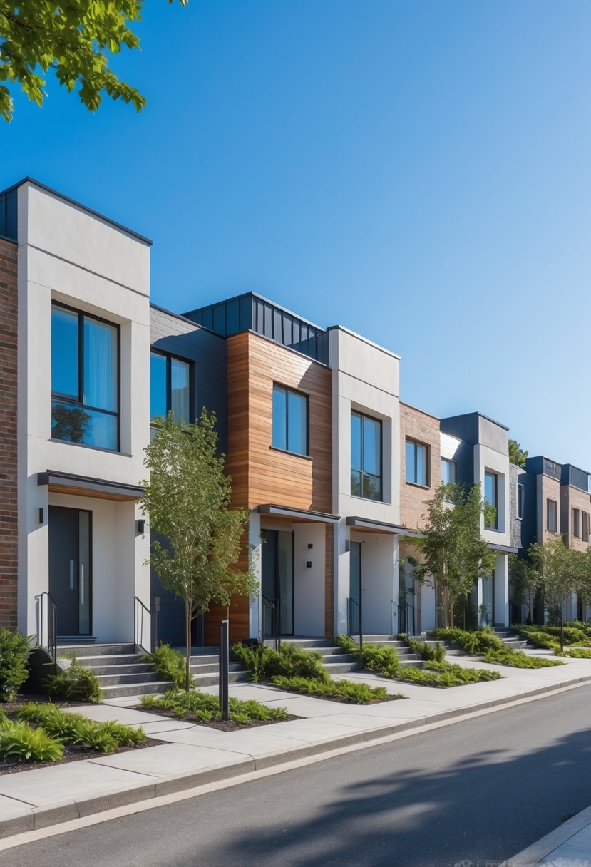 A row of seven modern terrace houses with front gardens along a quiet street on a sunny day.