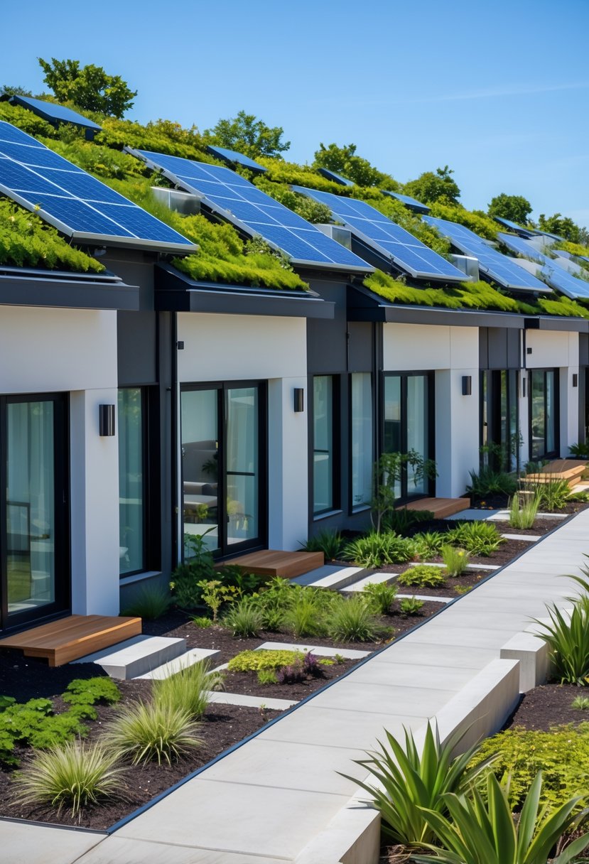 A row of seven modern terrace houses with green roofs, solar panels, and eco-friendly landscaping on a sunny day.