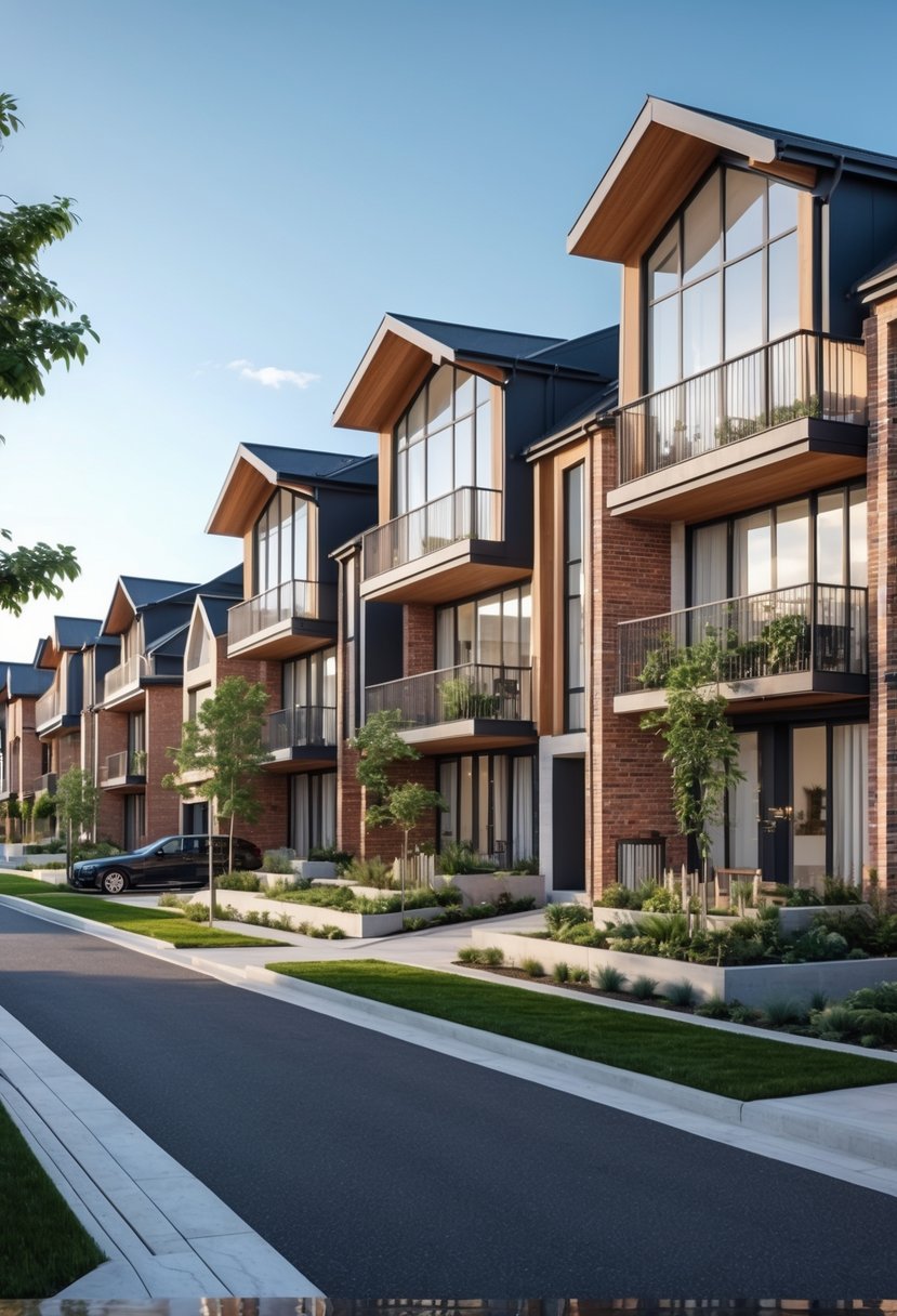 Seven connected modern terrace houses lined up with greenery and parked cars in front under a clear sky.