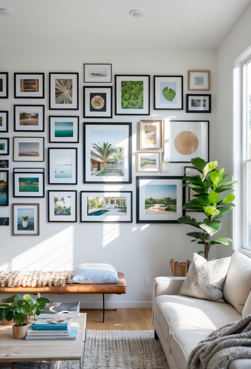 A living room with a sofa under a gallery wall of unevenly arranged framed pictures, some crooked and spaced irregularly.