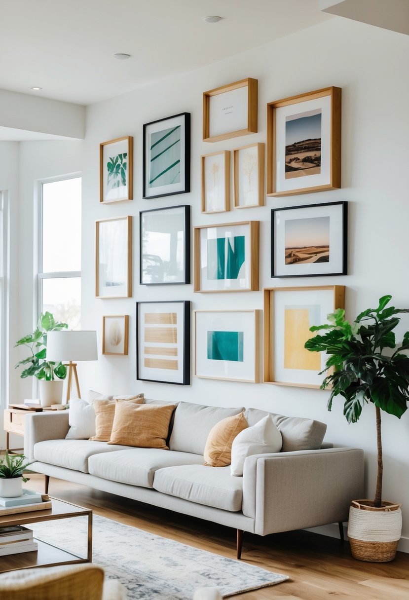 A living room with a gallery wall showing unevenly arranged framed pictures above a sofa.