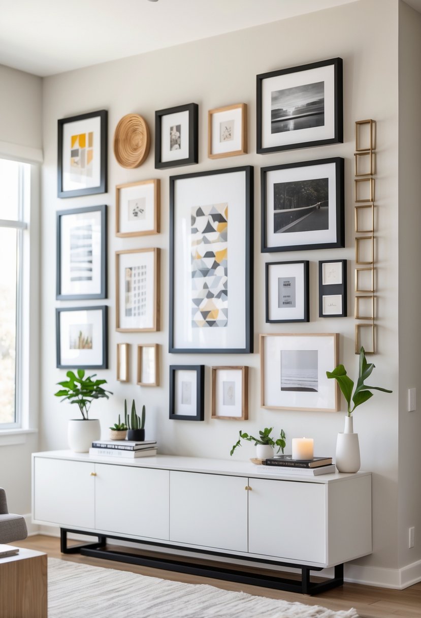 A living room with a neatly arranged gallery wall of framed pictures above a console table with decorative items.