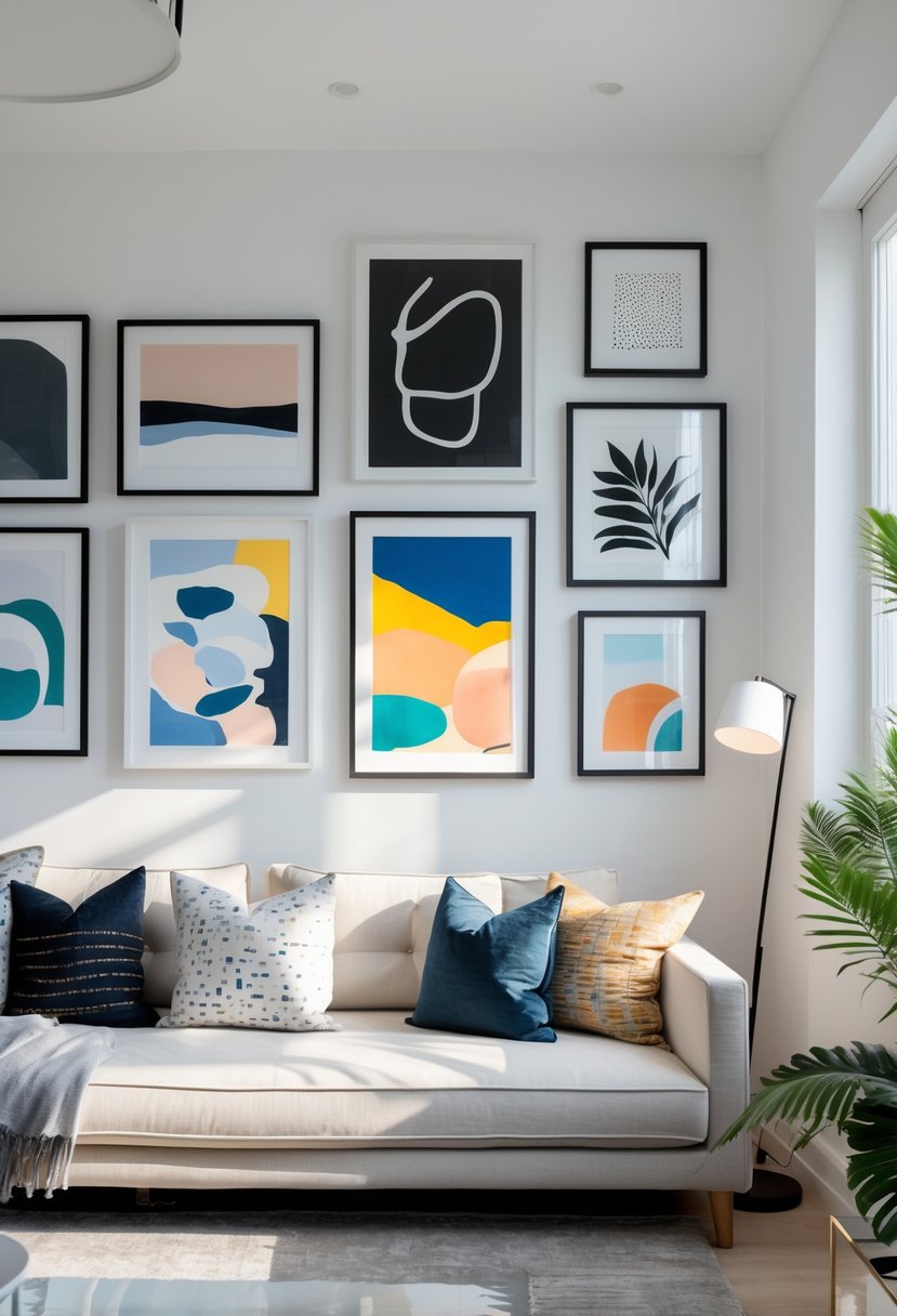 A living room with a neatly arranged gallery wall above a sofa, featuring various framed artworks and soft natural lighting.