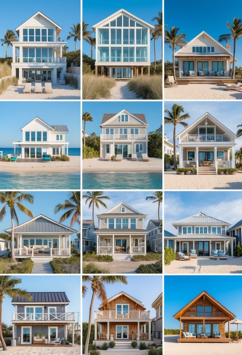 Nine different beach houses by the ocean, each with unique designs and surrounded by sand, water, and beach plants.