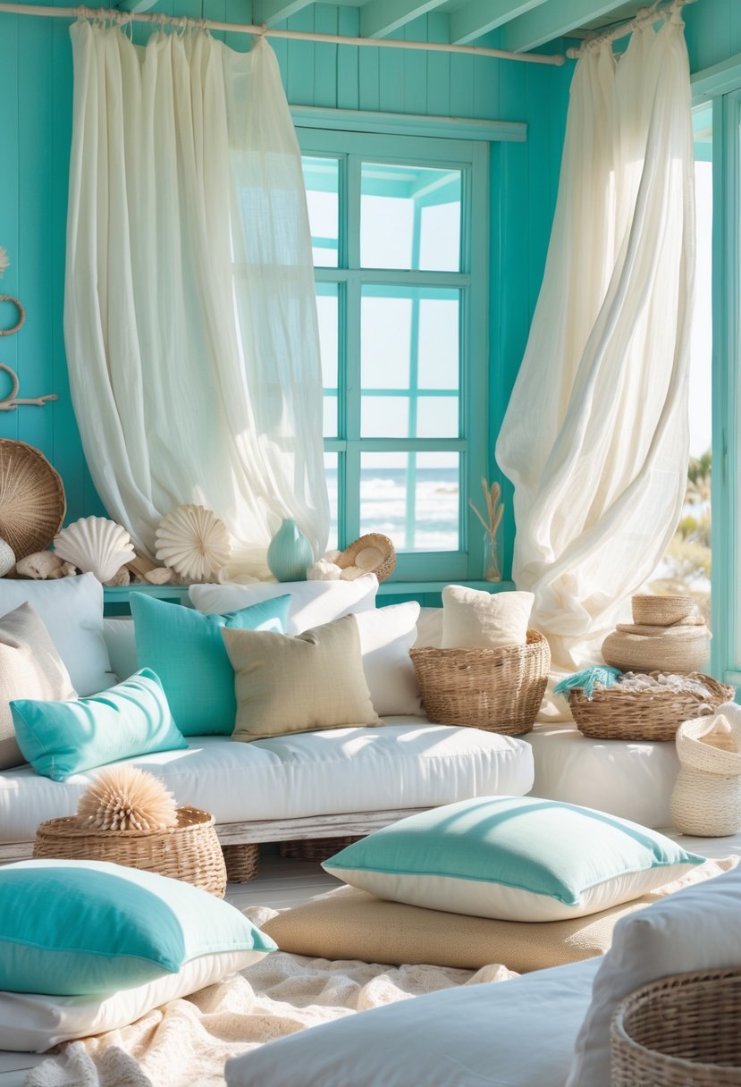 A bright and airy beach house interior with turquoise walls, white wooden furniture, and sunlight streaming through large windows onto a cozy seating area with cushions and natural decor.