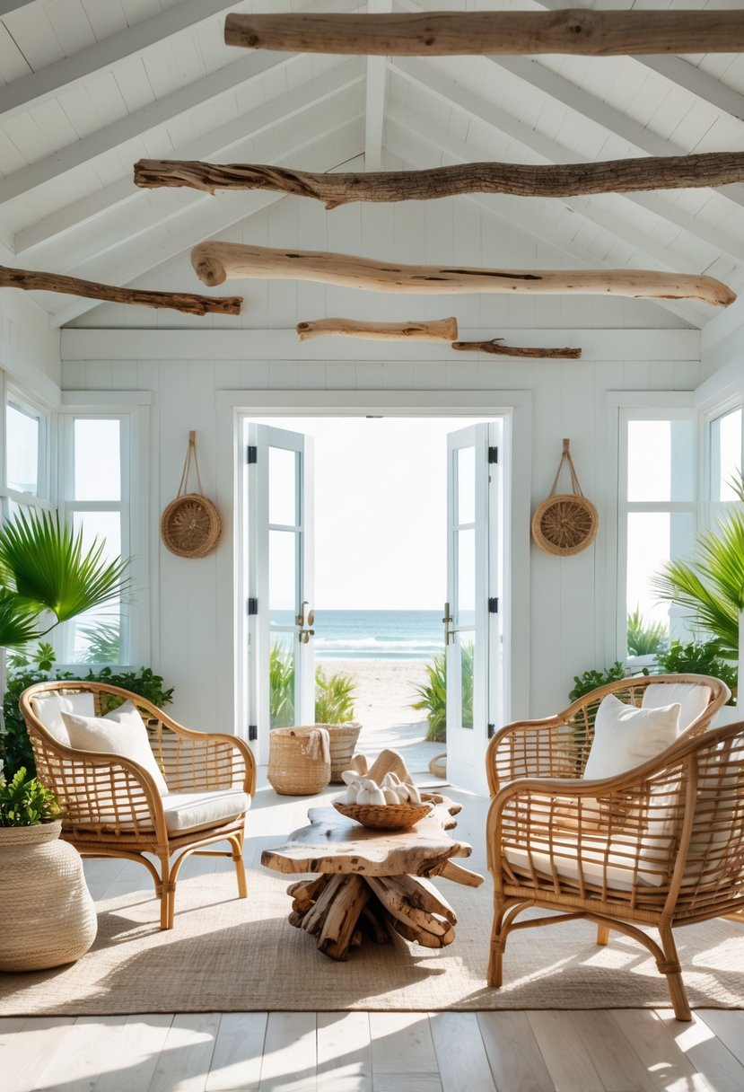A bright beach house interior with rattan furniture, driftwood decorations, plants, and sunlight coming through large windows.