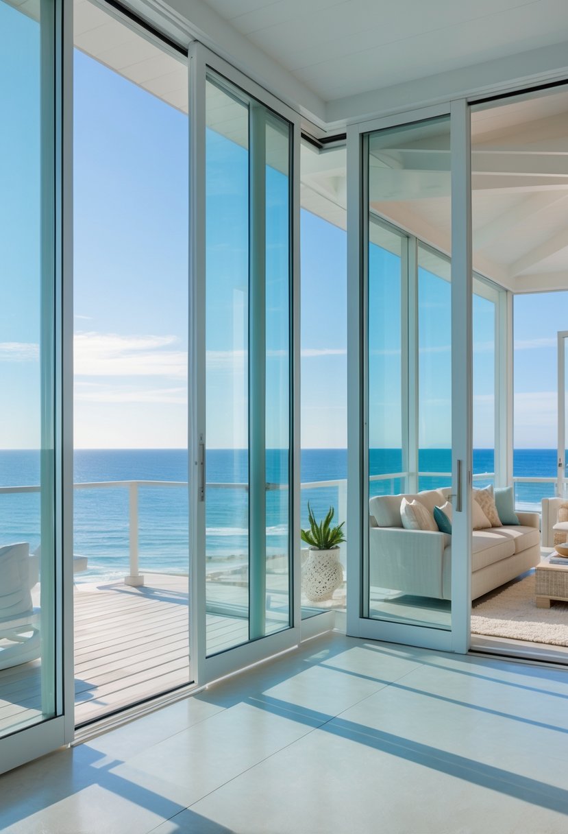 Interior of a beach house with large windows and glass doors showing a clear view of the ocean and natural light filling the room.