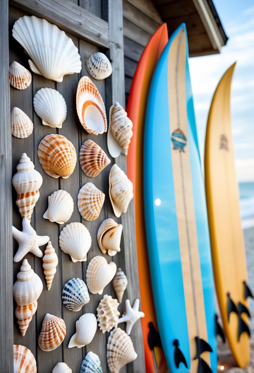A coastal scene with seashells, surfboards, and marine life near a beach house.