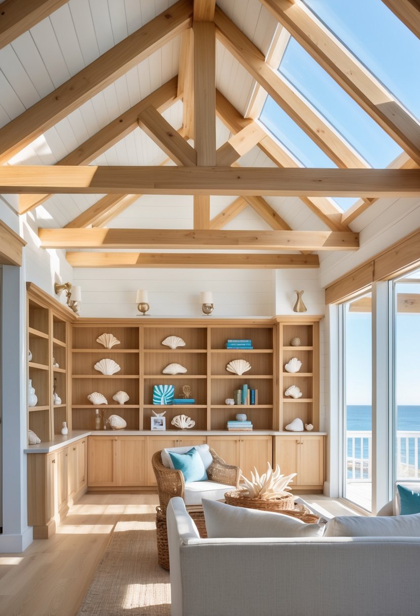 Interior of a beach house with exposed wooden ceiling beams and built-in shelves filled with decorative items.