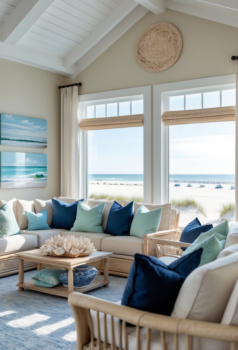 A bright and cozy beach house living room with beige walls, wooden furniture, and cushions in navy blue and seafoam green, overlooking the ocean through large windows.