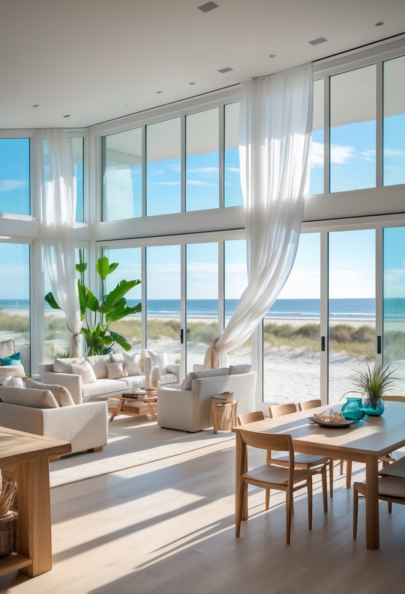 Open beach house interior with large windows showing ocean views, light furniture, and a connected living and dining area.