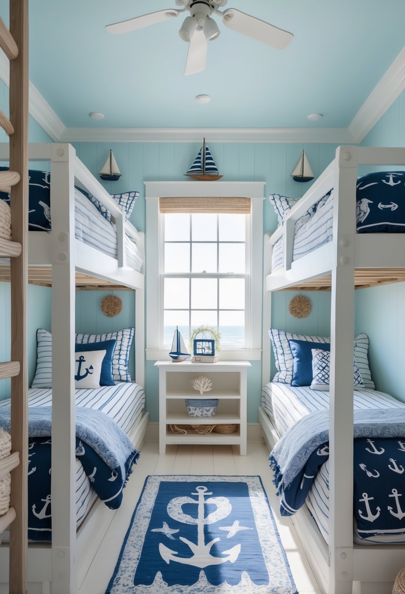 A guest room with bunk beds featuring navy blue and white nautical-themed bedding and coastal decor.