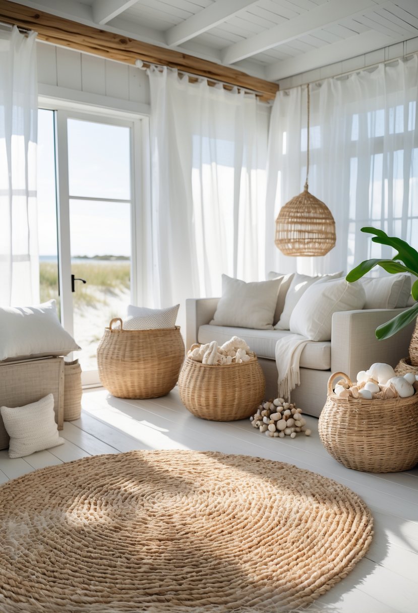 A sunlit beach house interior with a jute rug on the floor and wicker baskets arranged nearby.