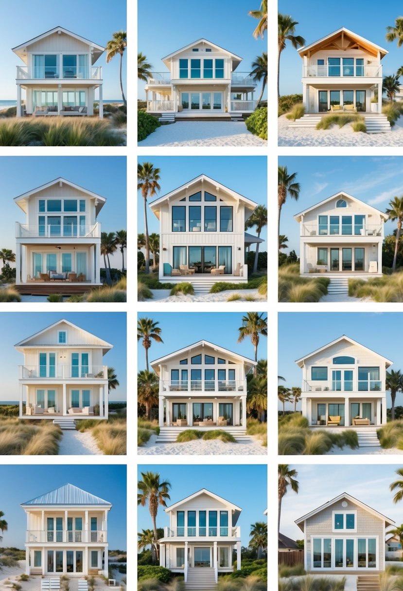 Nine different beach houses with wooden decks and tropical plants under clear blue skies near the ocean.
