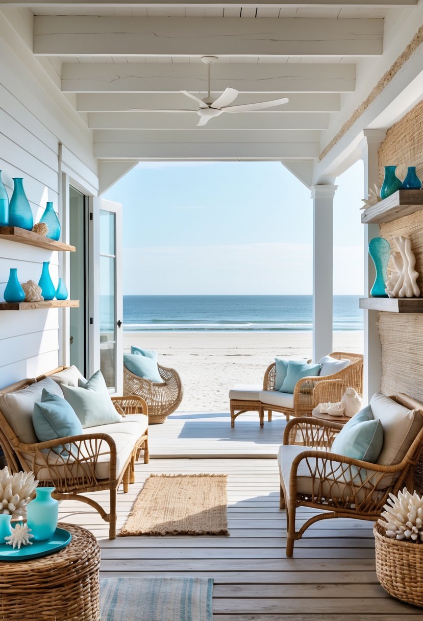 A bright beach house interior and exterior featuring wooden beams, rattan furniture, linen cushions, driftwood deck, and coastal decorative accents by the ocean.