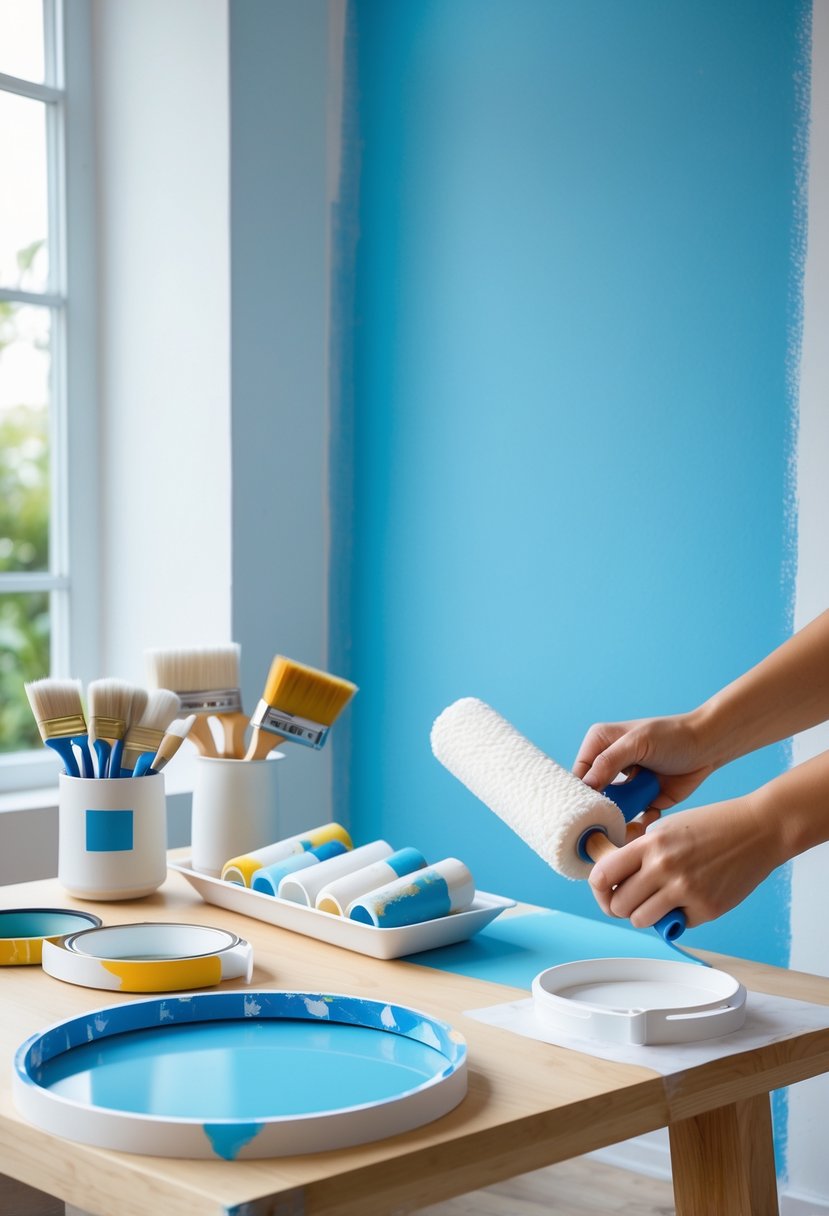 A person demonstrating painting techniques with brushes, rollers, and painter's tape on a partially painted wall in a bright room.