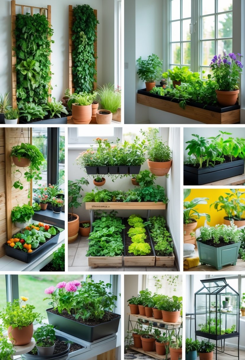 A bright indoor space displaying 10 different home gardening setups including vertical gardens, raised beds, hanging planters, potted herbs, hydroponics, succulents, and a small greenhouse.